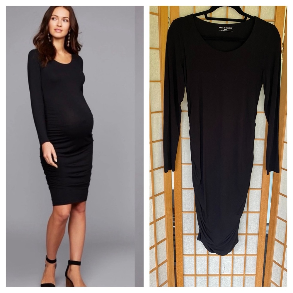 A Pea In The Pod Basic Black Stretch Rouched Long Sleeve Dress SZ M - Picture 1 of 10